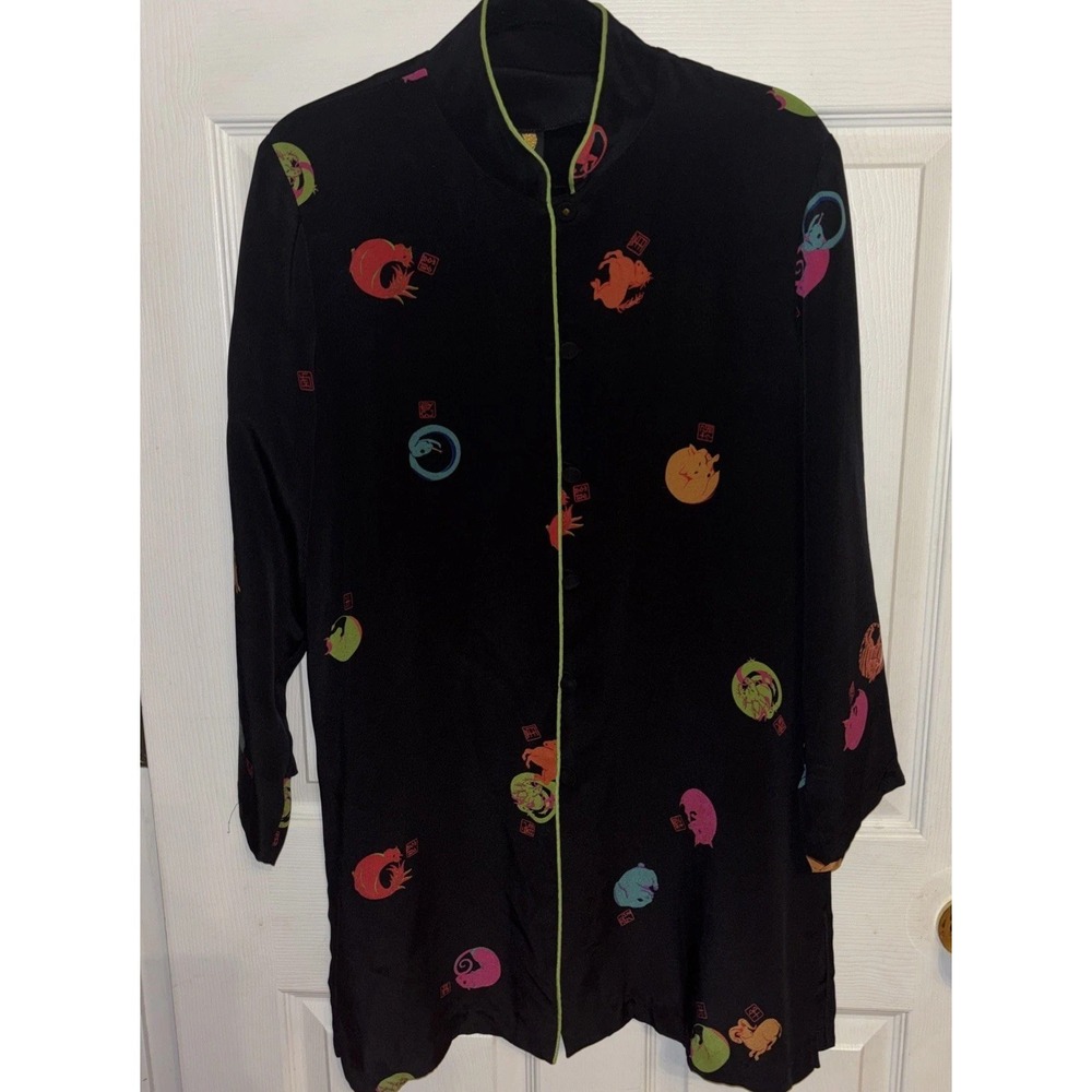 Anne Namba Hawaii M Asian Button Up Tunic Chinese Zodiac Print Blouse Kimono